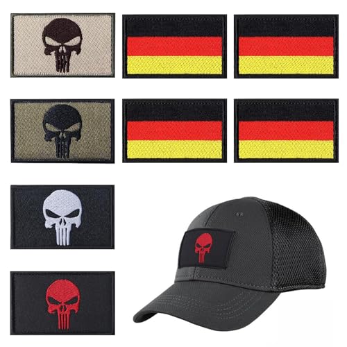 8 Stück Germany Flag Patch mit Klett, 8 x 5 cm Airsoft Patch Velcro, Skull Patches Klett Taktischer Aufnäher Moral-Patch für Kleidung Rucksack Baseballkappe Uniform Weste Dog Punisher Patch von Erioscar