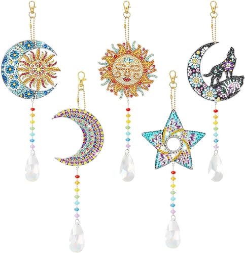 Erlsig 5Stück Diamond Painting Windspiele, 5pcs Diamant Malerei Windspiele Mond Set, 5D DIY Wind Chimes Anhänger Set Bastelset Kinder für Gartendeko Fensterdeko Bastelhandwerk von Erlsig