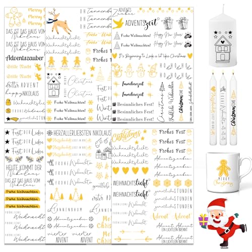 Kerzen Tattoo Weihnachten, 6 Stück A5 Weihnachten Kerzen Tattoo, Aufkleber Xmas KerzensprüChe, Wassertransferdruck Kerzensticker, Folie Kerzentattoo, Diy Kerzensticker, für Kerzen/Keramik(Gold) von Eroionet