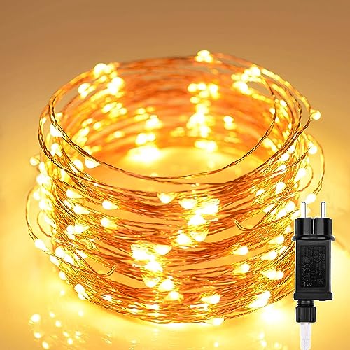 LED Lichterkette 10m 100 LEDs, Warmweiß Außen Weihnachts Kupferdraht Beleuchtung led Innen draußen dekoration wasserdicht mit 8 Modi für Zimmer, Weihnachten, Bäume, Garten, Party, Hochzeit, DIY Deko von Erwawee