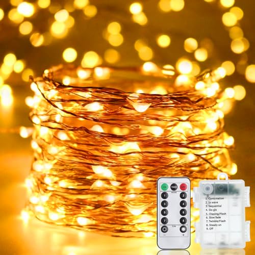 LED Lichterkette Batterie, 10M 100LEDs Außen Lichterketten Warmweiß Kupferdraht Batteriebetrieb Beleuchtung mit Fernbedienung 8 Modi Timer Wasserdicht für Innen Aussen Garten Terrasse Baum Weihnachten von Erwawee