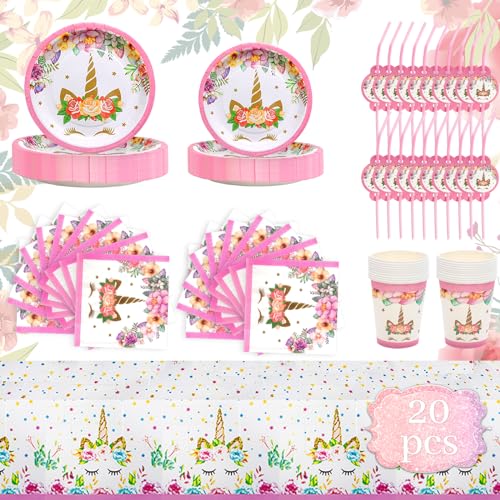 Erzekrim 101 Stück Einhorn Partygeschirr Set Einhorn Geburtstag PartyGeschirr Einhorn Teller Set Einhorn Geburtstagsdeko Party Supplies für Mädchen Kindergeburtstag (rosa) von Erzekrim