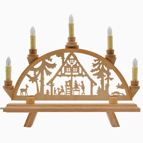 Erzwelt - Schwibbogen original Erzgebirge I Lichterbogen Weihnachten I Motiv Erzgebirge mit freistehenden Kerzen I 5 Kerzen + 1 Ersatzkerze I 5 x 48 V, 3 W, E10 (Vor dem Fest) von Erzwelt