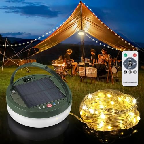 Esenlong Camping Lichterkette,12m Langen Solar USB Aufladbar Campinglampe mit 5 Beleuchtungsmodi,Solar USB Lichterkette für Camping Outdoor Balkon Garten von Esenlong