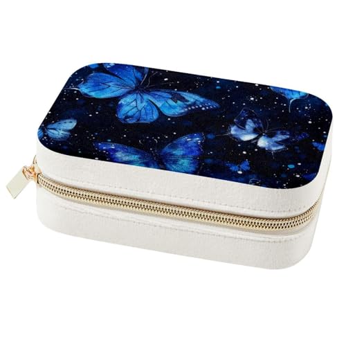 Eslifey Kleine Schmuckschatulle mit fliegender Galaxie, blauer Schmetterling, doppellagig, Reise-Schmuck-Organizer für Damen und Mädchen von Eslifey