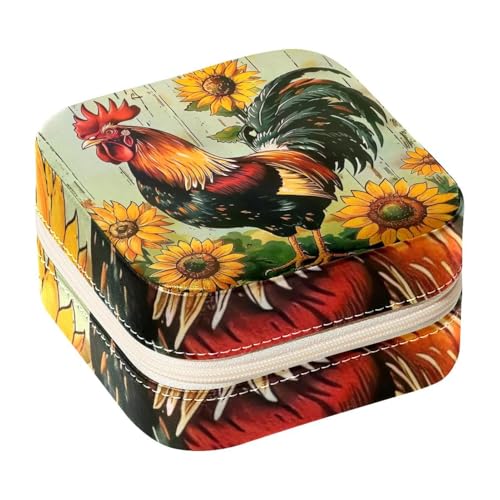 Eslifey Tragbare Mini-Schmuckschatulle für Reisen, Bauernhaus, Huhn, Hahn und Sonnenblume, kleines Schmuckkästchen für Damen, Leder-Ring-Organizer von Eslifey