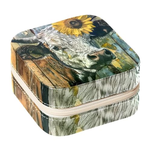 Eslifey Tragbare Mini-Schmuckschatulle für Reisen, Kuh, Sonnenblume, Holzbrett, kleines Schmuckkästchen für Damen, Leder-Ring-Organizer von Eslifey