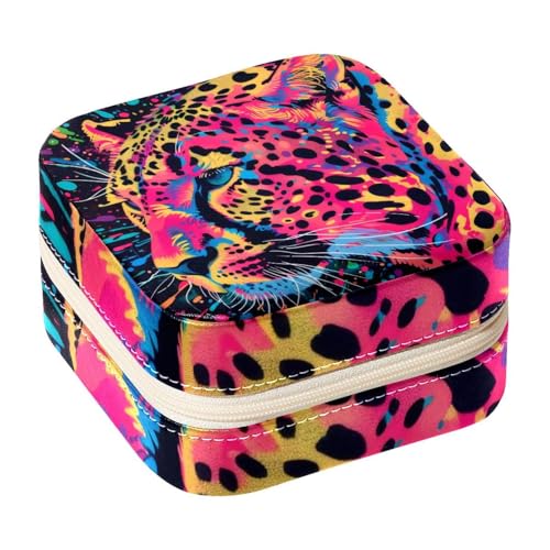 Eslifey Tragbare Mini-Schmuckschatulle für Reisen, Neon-Regenbogen-Leoparden-Motiv, kleines Schmucketui für Damen, Leder-Ring-Organizer von Eslifey