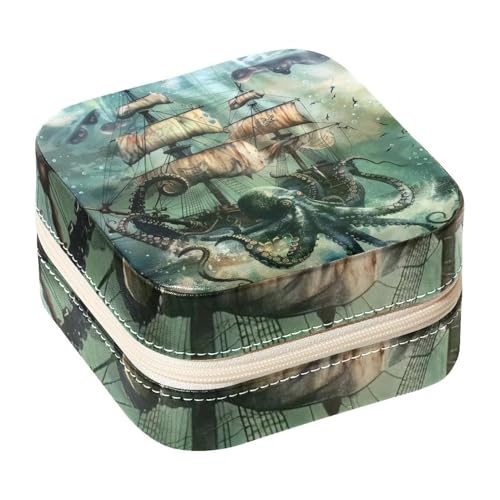 Eslifey Tragbare Mini-Schmuckschatulle für Reisen, Ozean, Oktopus und nautisches Schiff, kleines Schmuckkästchen für Damen, Leder-Ring-Organizer von Eslifey