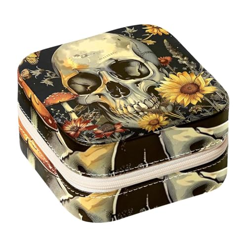 Eslifey Tragbare Mini-Schmuckschatulle für Reisen, Pilz, Sonnenblume, Totenkopf, kleines Schmuckkästchen für Damen, Leder-Ring-Organizer von Eslifey