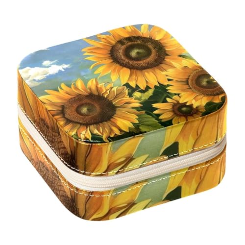 Eslifey Tragbare Mini-Schmuckschatulle für Reisen, Retro-Sonnenblumen, Malerei, kleines Schmuckkästchen für Damen, Leder-Ring-Organizer von Eslifey