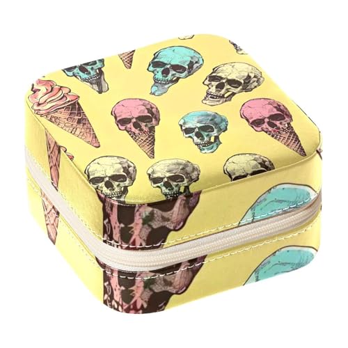 Eslifey Tragbare Mini-Schmuckschatulle für Reisen, Totenkopf-Eiscreme-Muster, kleines Schmuckkästchen für Damen, Leder-Ring-Organizer von Eslifey