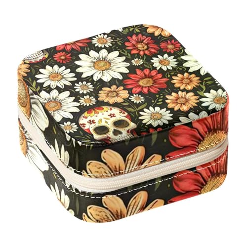 Eslifey Tragbare Mini-Schmuckschatulle für Reisen, Totenkopf-Gänseblümchen, Blumenmuster, kleines Schmuckkästchen für Damen, Leder-Ring-Organizer von Eslifey