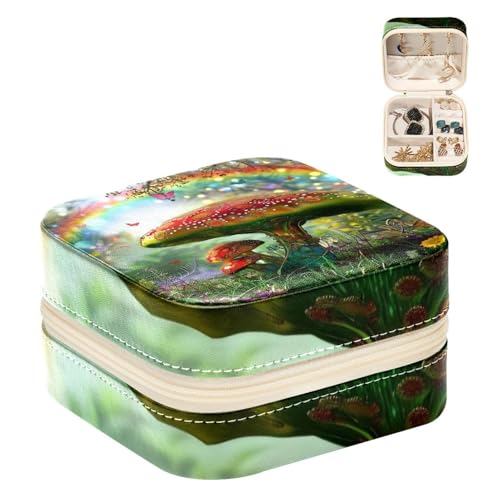 Eslifey Tragbare Mini-Schmuckschatulle für Reisen, Wald, Regenbogen, Pilz, Malerei, kleines Schmuckkästchen für Damen, Leder-Ring-Organizer von Eslifey