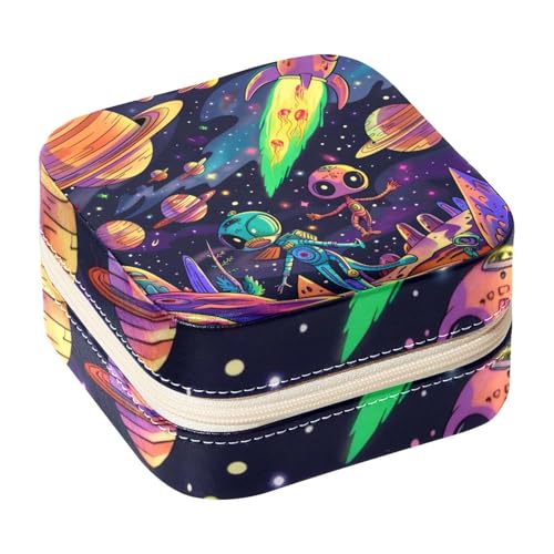 Eslifey Tragbare Mini-Schmuckschatulle für Reisen, Weltraum, Galaxie, Cartoon, Aliens, kleines Schmucketui für Damen, Leder-Ring-Organizer von Eslifey