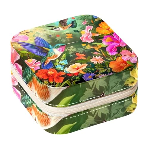 Eslifey Tragbare Mini-Schmuckschatulle für Reisen, buntes Blumenmuster, Kolibri, kleines Schmuckkästchen für Damen, Leder-Ring-Organizer von Eslifey