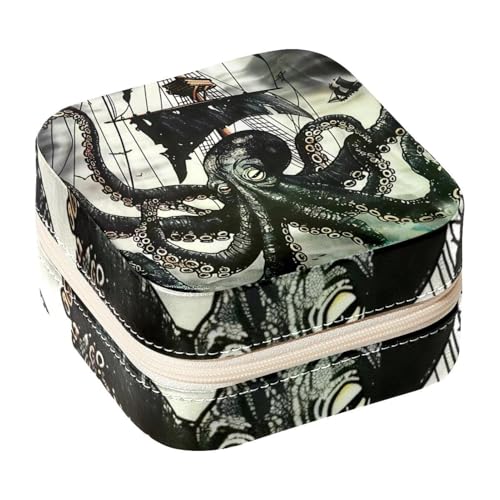 Eslifey Tragbare Mini-Schmuckschatulle für Reisen, schwarzer Oktopus und nautisches Schiff, kleines Schmucketui für Damen, Leder-Ring-Organizer von Eslifey