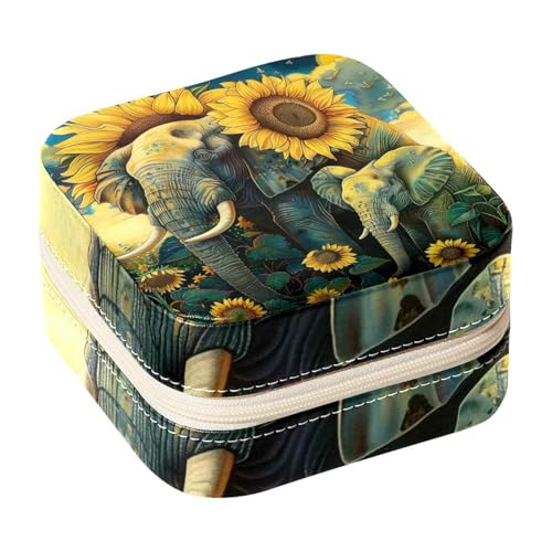 Eslifey Tragbare Mini-Schmuckschatulle für unterwegs, Elefant, Sonnenblume, Feld, Malerei, kleines Schmuckkästchen für Damen, Leder-Ring-Organizer von Eslifey