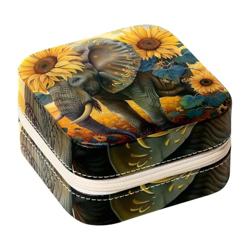 Eslifey Tragbare Mini-Schmuckschatulle für unterwegs, Elefanten-Sonnenblumen, klein, Schmuckkästchen für Damen, Leder-Ring-Organizer von Eslifey