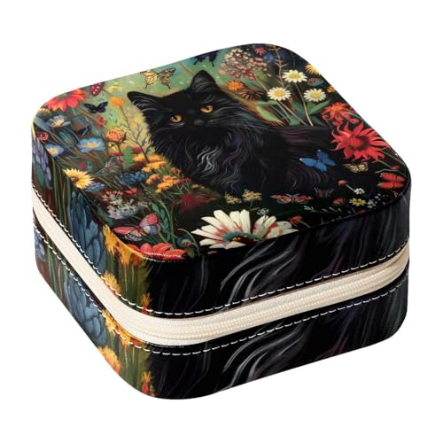 Eslifey Tragbare Mini-Schmuckschatulle für unterwegs, Katze, Blumen, Schmetterlinge, kleines Schmuckkästchen für Damen, Leder-Ring-Organizer von Eslifey