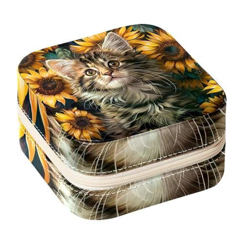 Eslifey Tragbare Mini-Schmuckschatulle für unterwegs, Katze, Kätzchen, Sonnenblumen, kleines Schmuckkästchen für Damen, Leder-Ring-Organizer von Eslifey