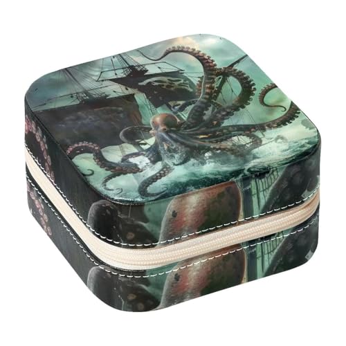 Eslifey Tragbare Mini-Schmuckschatulle für unterwegs, Ozean, Oktopus-Angriff, nautisches Schiff, kleines Schmucketui für Damen, Leder-Ring-Organizer von Eslifey