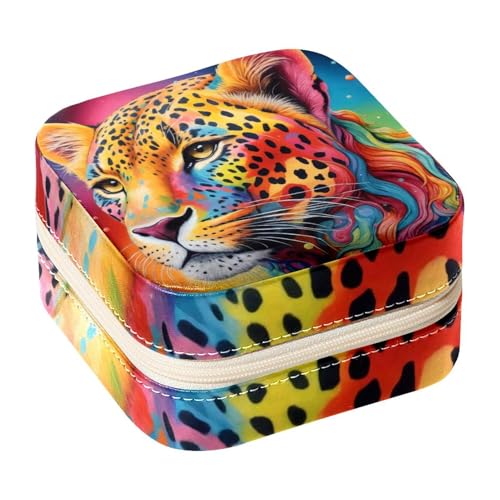 Eslifey Tragbare Mini-Schmuckschatulle für unterwegs, Regenbogen-Leopardenmuster, kleines Schmucketui für Damen, Leder-Ring-Organizer von Eslifey