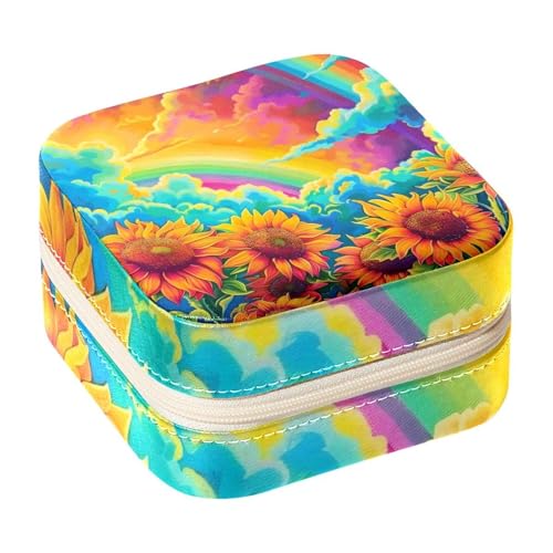 Eslifey Tragbare Mini-Schmuckschatulle für unterwegs, Regenbogen-Sonnenblumen, bunt, klein, Schmucketui für Damen, Leder-Ring-Organizer von Eslifey