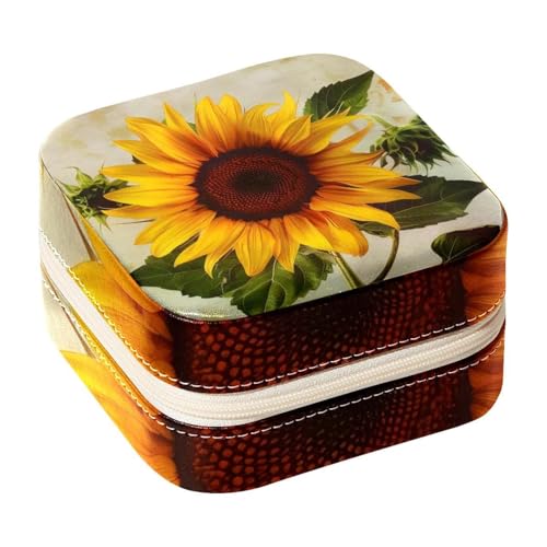 Eslifey Tragbare Mini-Schmuckschatulle für unterwegs, Retro-Sonnenblumenblüte, kleines Schmuckkästchen für Damen, Leder-Ring-Organizer von Eslifey