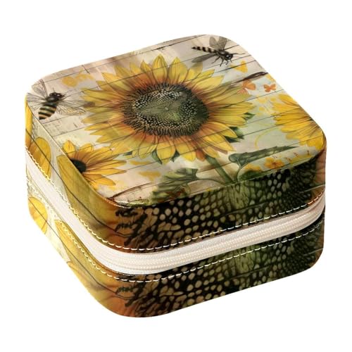 Eslifey Tragbare Mini-Schmuckschatulle für unterwegs, Sonnenblume, Biene, auf rustikalem Holz, kleines Schmuckkästchen für Damen, Leder-Ring-Organizer von Eslifey