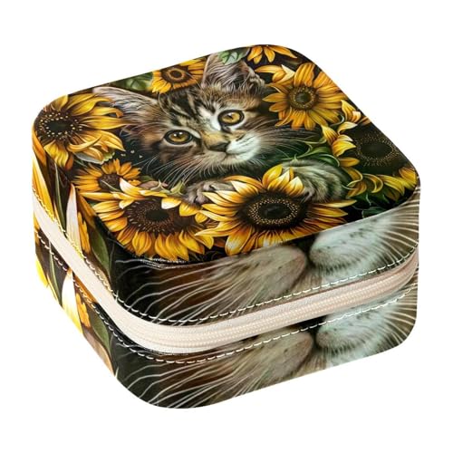 Eslifey Tragbare Mini-Schmuckschatulle für unterwegs, Sonnenblumen, Katze, Kätzchen, kleines Schmuckkästchen für Damen, Leder-Ring-Organizer von Eslifey