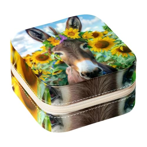 Eslifey Tragbare Mini-Schmuckschatulle für unterwegs, Sonnenblumenfeld, Esel, Kranz, kleines Schmuckkästchen für Damen, Leder-Ring-Organizer von Eslifey