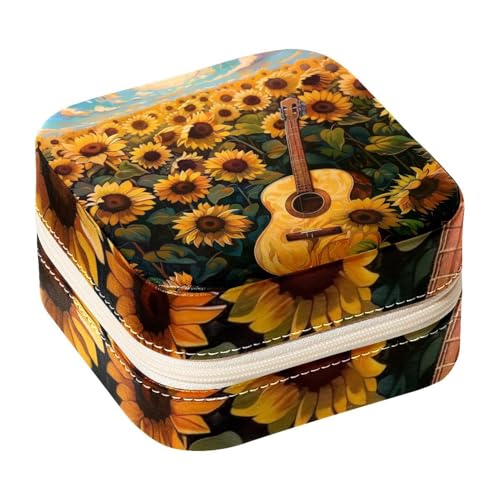 Eslifey Tragbare Mini-Schmuckschatulle für unterwegs, Sonnenblumenfeld, Gitarre, kleines Schmucketui für Damen, Leder-Ring-Organizer von Eslifey