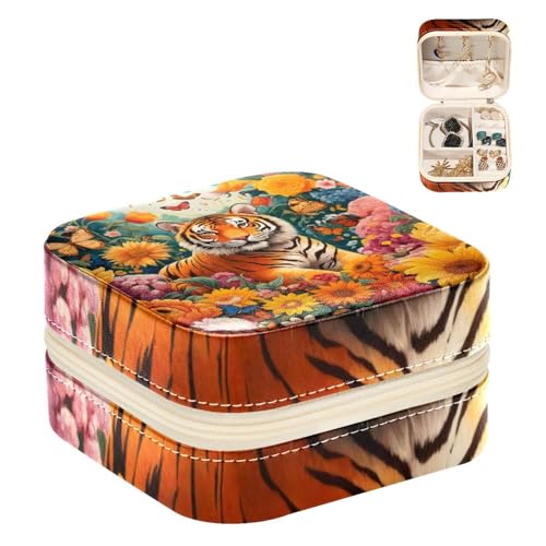 Eslifey Tragbare Mini-Schmuckschatulle für unterwegs, Tiger, Sonnenblume, Schmetterlinge, kleines Schmuckkästchen für Damen, Leder-Ring-Organizer von Eslifey