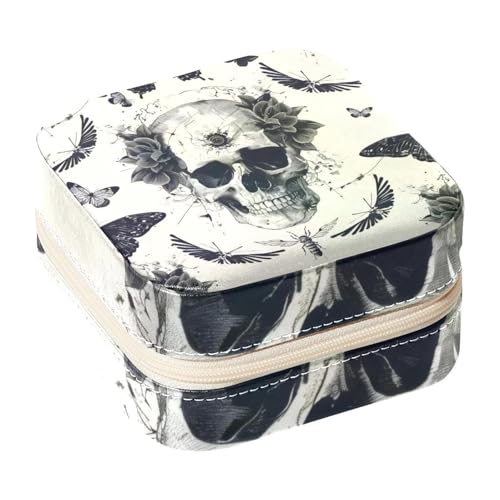 Eslifey Tragbare Mini-Schmuckschatulle für unterwegs, Totenkopf, Blumen, Schmetterling, Muster, kleines Schmuckkästchen für Damen, Leder-Ring-Organizer von Eslifey