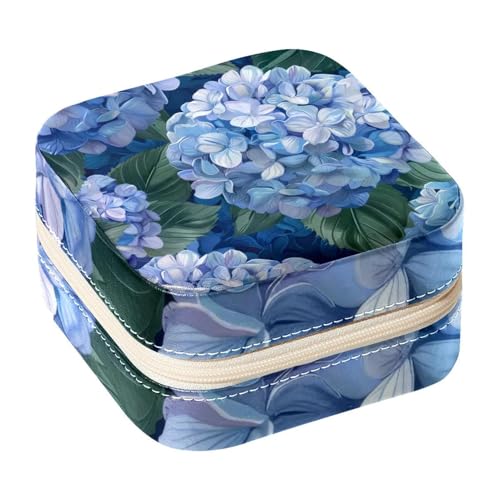 Eslifey Tragbare Mini-Schmuckschatulle für unterwegs, blaue Hortensien, Blumenmuster, kleines Schmuckkästchen für Damen, Leder-Ring-Organizer von Eslifey