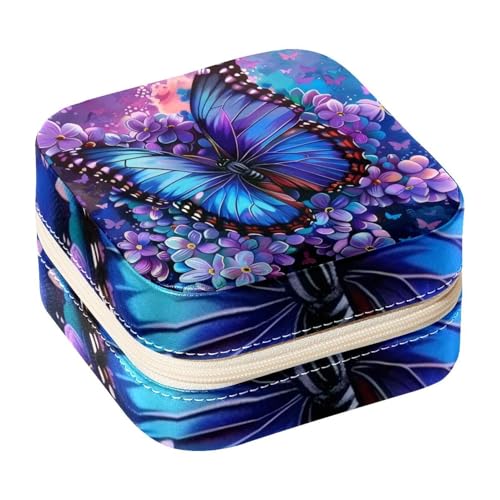 Eslifey Tragbare Mini-Schmuckschatulle für unterwegs, blauer Schmetterling, Blumen, kleines Schmuckkästchen für Damen, Leder-Ring-Organizer von Eslifey