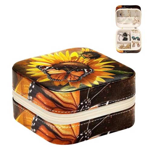 Eslifey Tragbare Mini-Schmuckschatulle für unterwegs, blühende Sonnenblume, Schmetterling, kleines Schmuckkästchen für Damen, Leder-Ring-Organizer von Eslifey