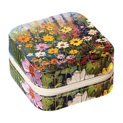 Eslifey Tragbare Mini-Schmuckschatulle für unterwegs, bunte Wildblumen, kleines Schmuckkästchen für Damen, Leder-Ring-Organizer von Eslifey