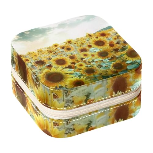 Eslifey Tragbare Mini-Schmuckschatulle für unterwegs, gelbe Blumen-Sonnenblumen, Feld, kleines Schmuckkästchen für Damen, Leder-Ring-Organizer von Eslifey