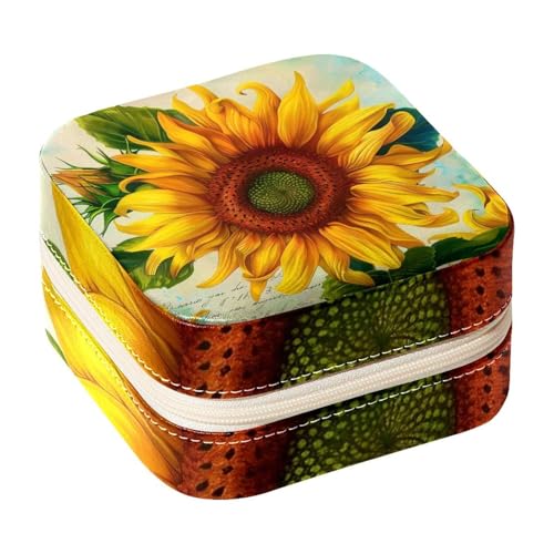 Eslifey Tragbare Mini-Schmuckschatulle für unterwegs, gelbes Blumenmuster, Sonnenblume, kleines Schmuckkästchen für Damen, Leder-Ring-Organizer von Eslifey