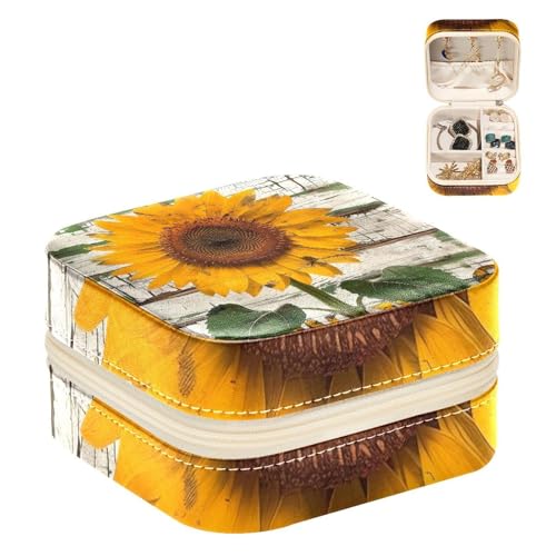 Eslifey Tragbare Mini-Schmuckschatulle für unterwegs, grünes Holzbrett, Sonnenblume, kleines Schmuckkästchen für Damen, Leder-Ring-Organizer von Eslifey