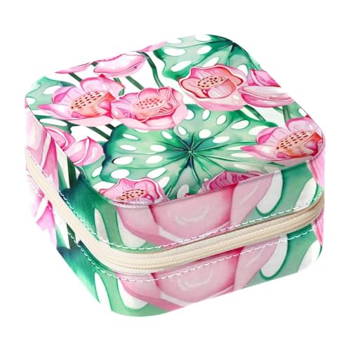 Eslifey Tragbare Mini-Schmuckschatulle für unterwegs, rosa Wasser-Lotus-Muster, kleines Schmuckkästchen für Damen, Leder-Ring-Organizer von Eslifey