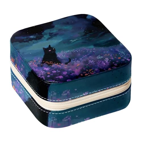 Eslifey Tragbare Mini-Schmuckschatulle für unterwegs, violettes Blumenfeld, schwarze Katze, kleines Schmuckkästchen für Damen, Leder-Ring-Organizer von Eslifey