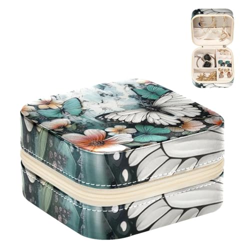 Eslifey Tragbare Mini-Schmuckschatulle für unterwegs, weißer Schmetterling, Blumen, kleines Schmuckkästchen für Damen, Leder-Ring-Organizer von Eslifey