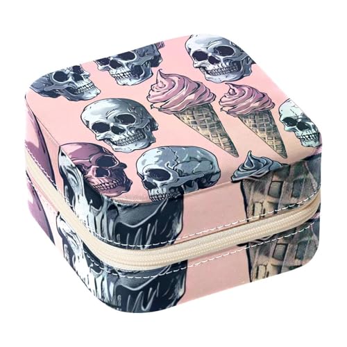 Eslifey Tragbare Mini-Schmuckschatulle mit Eiscreme-Totenkopf-Muster, kleines Schmuckkästchen für Damen, Leder-Ring-Organizer von Eslifey