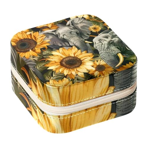 Eslifey Tragbare Mini-Schmuckschatulle mit Elefanten- und Sonnenblumenmuster, kleines Schmuckkästchen für Damen, Leder-Ring-Organizer von Eslifey