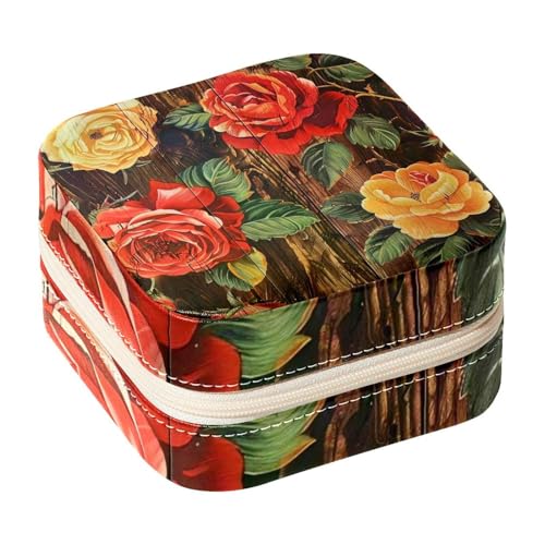 Eslifey Tragbare Mini-Schmuckschatulle mit Rosen-Blumenmuster, aus Holz, für Damen, Ring-Organizer aus Leder von Eslifey