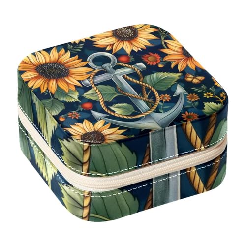 Eslifey Tragbare Mini-Schmuckschatulle mit Sonnenblumen-Anker-Muster, kleines Schmuckkästchen für Damen, Leder-Ring-Organizer von Eslifey