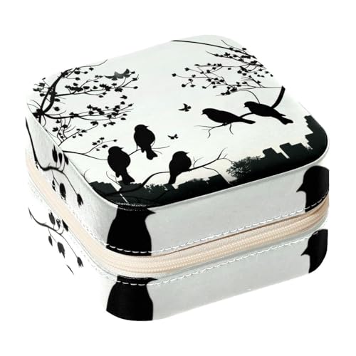 Eslifey Tragbare Mini-Schmuckschatulle mit Vogel-Silhouetten-Muster, kleines Schmuckkästchen für Damen, Leder-Ring-Organizer von Eslifey